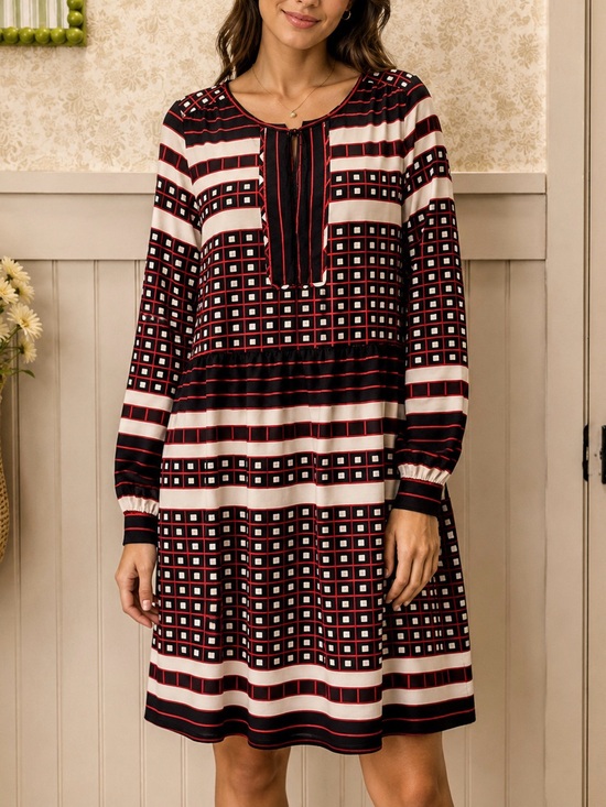 LOFT Dresses & Skirts - LOFT Red, Black & White Long-Sleeve Geometric Dress